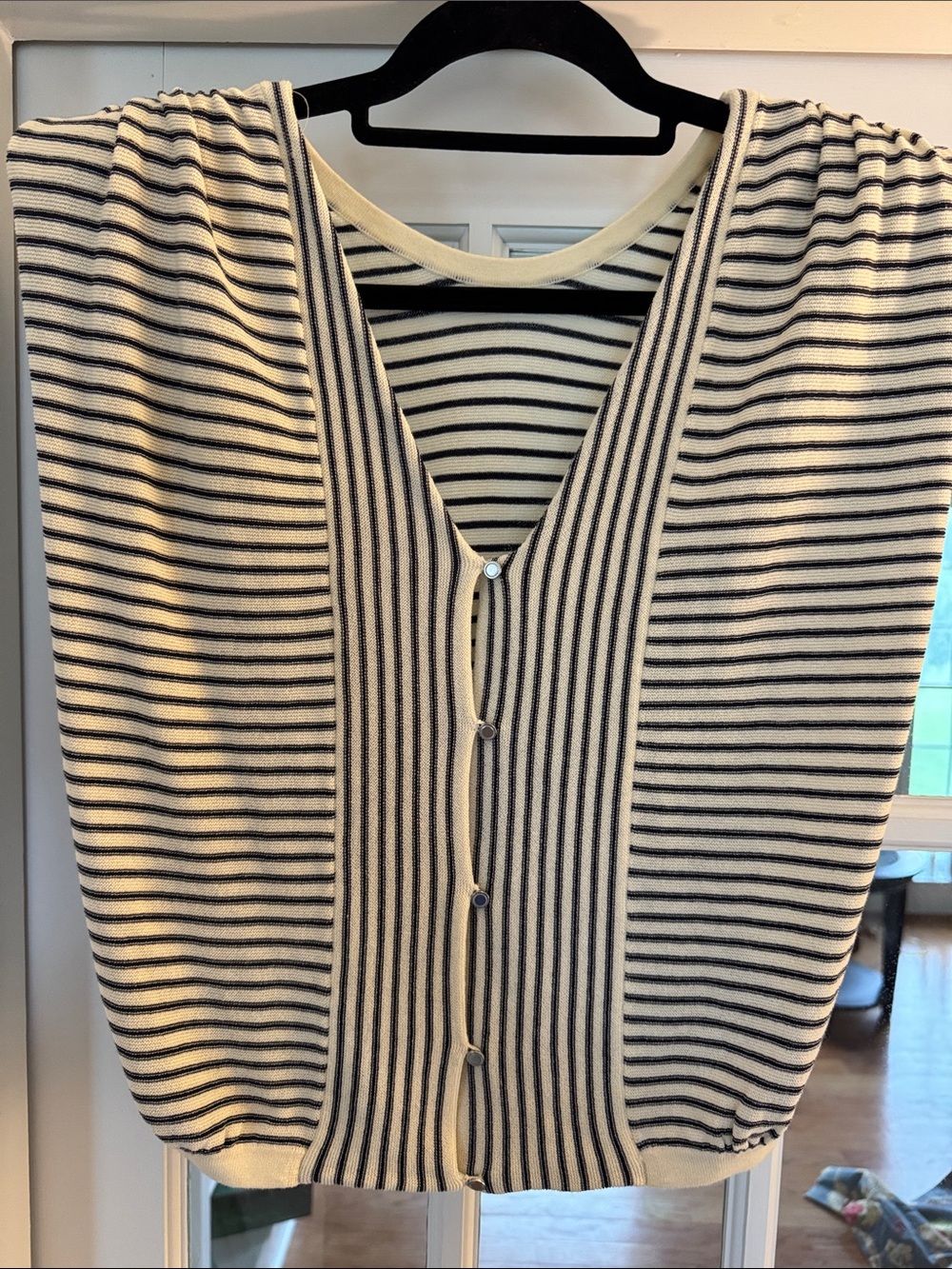 ba&sh Striped V-Neck Button-Front Top in Cream & Navy Blue